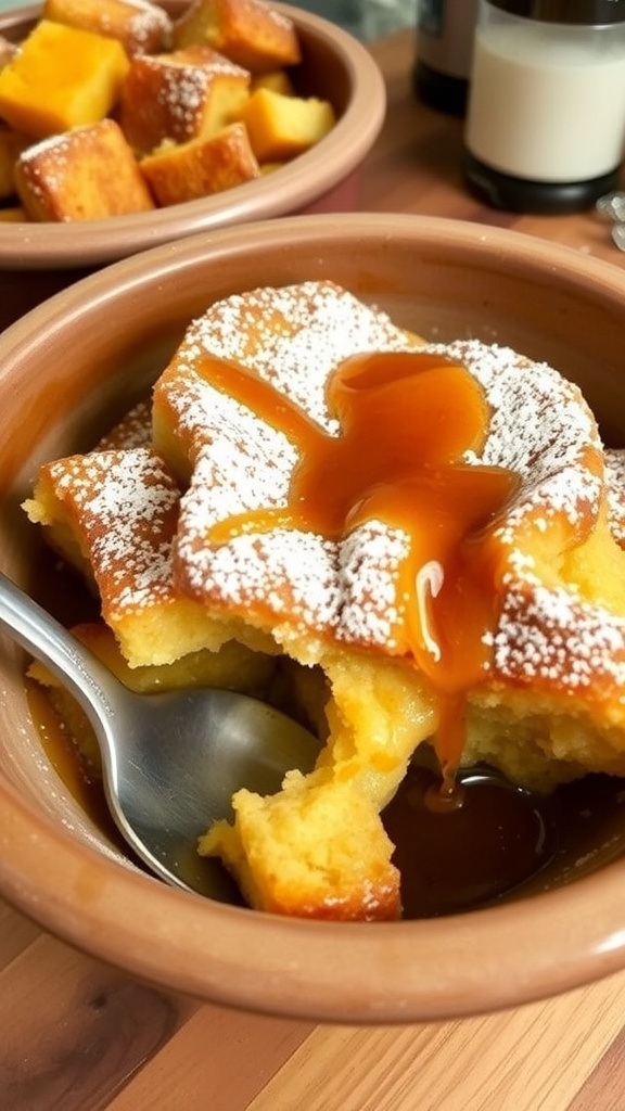 A warm bowl of bread pudding topped with powdered sugar and caramel sauce, in a cozy kitchen setting.